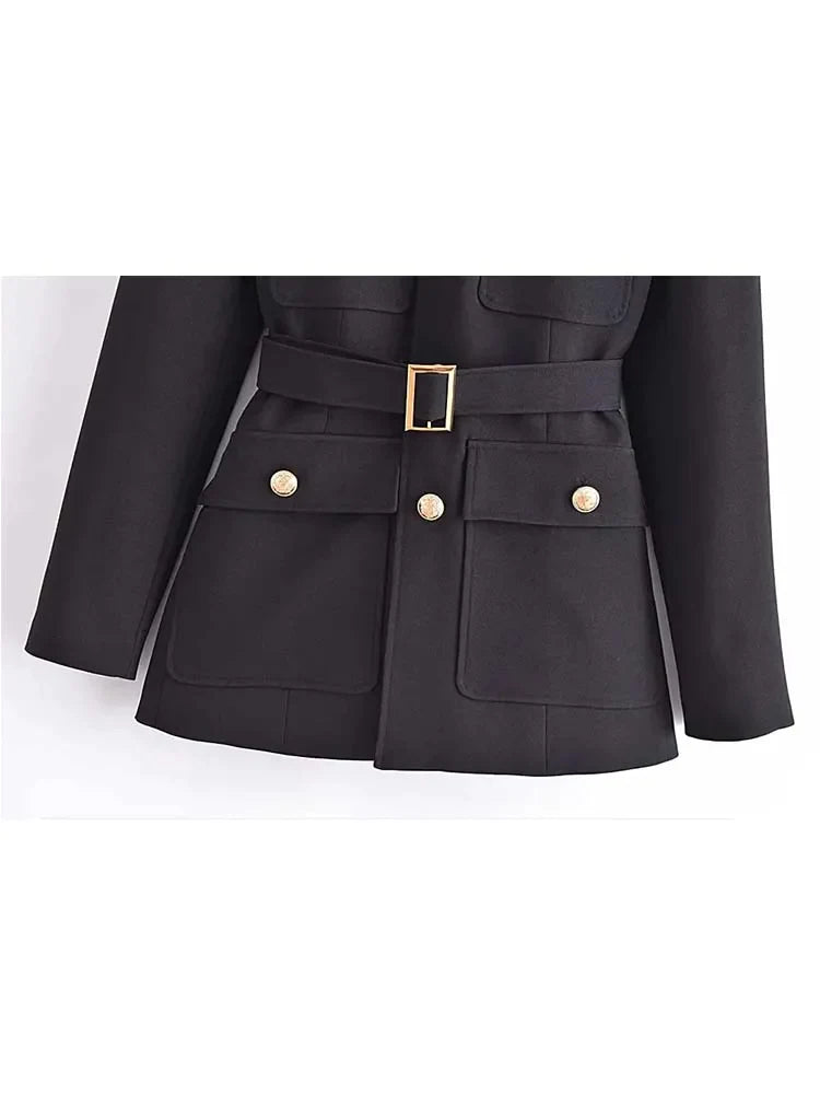 2023 Women's Gold Button Long Blazer Coats With Belt - Autumn Winter Blazers Suit Jacket