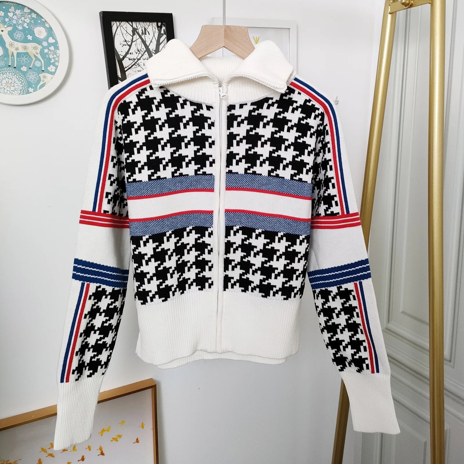 2024 houndstooth knit ski sweater cardigans