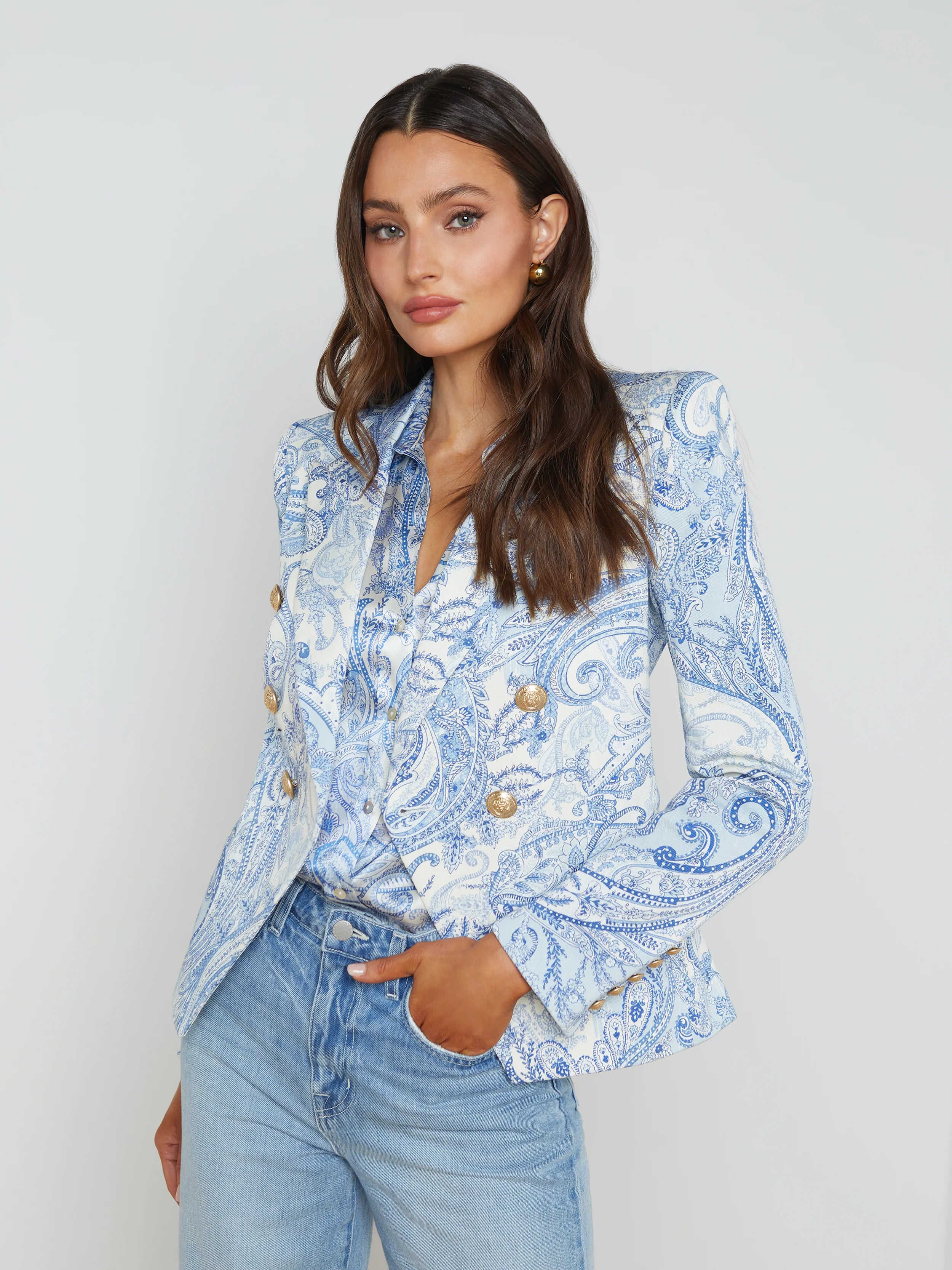 Agency - Marie Slim Fit Blazer - Ivory/Blue Paisley Decoration