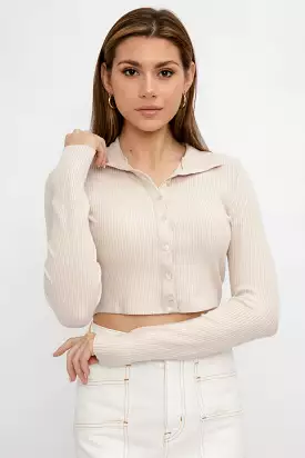 Alloy Ribbed Cropped Button Turtleneck Limestone