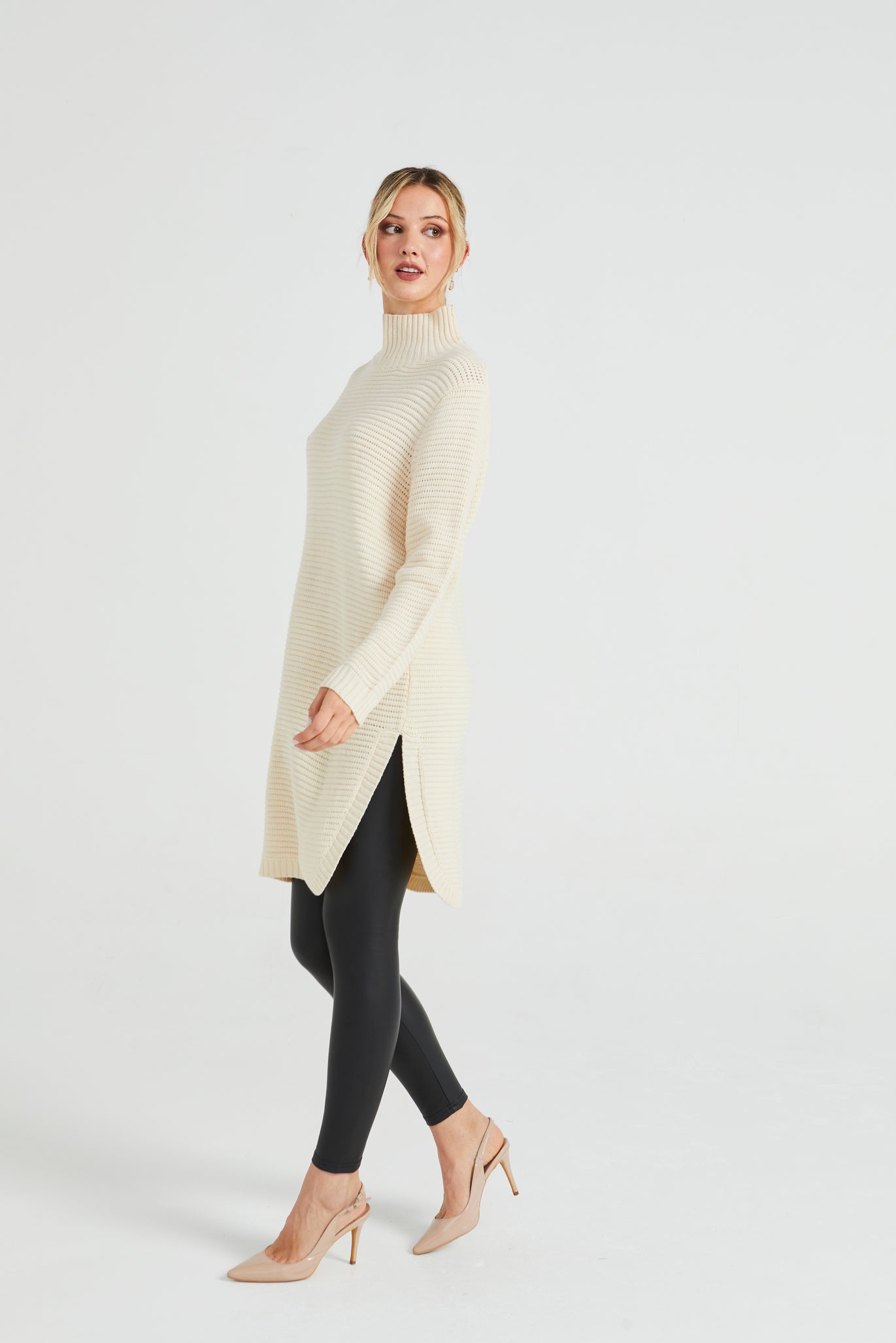 Angeleye High Neck Ribbed Knit Tunic with Side Slits