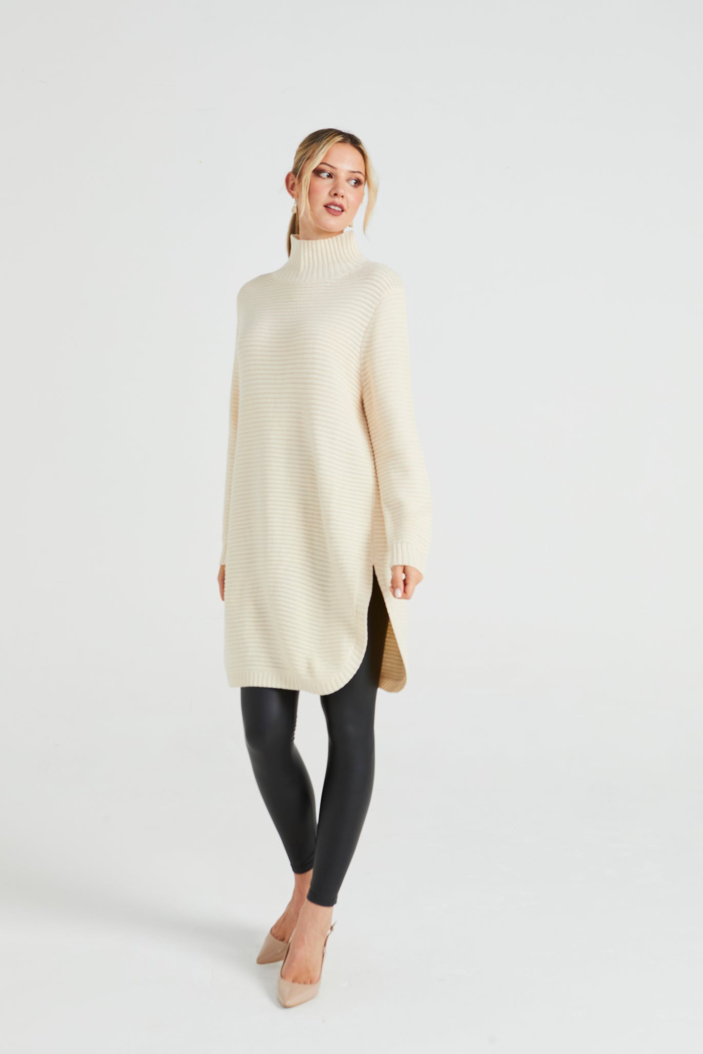 Angeleye High Neck Ribbed Knit Tunic with Side Slits