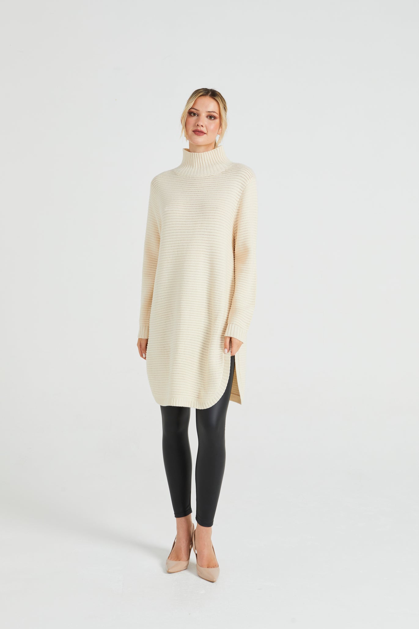 Angeleye High Neck Ribbed Knit Tunic with Side Slits