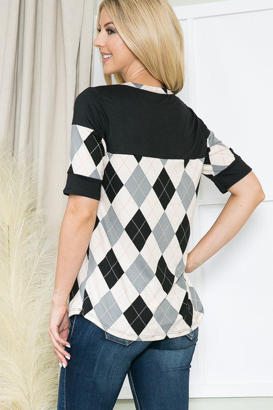 Argyle Print Button Down Jersey Top