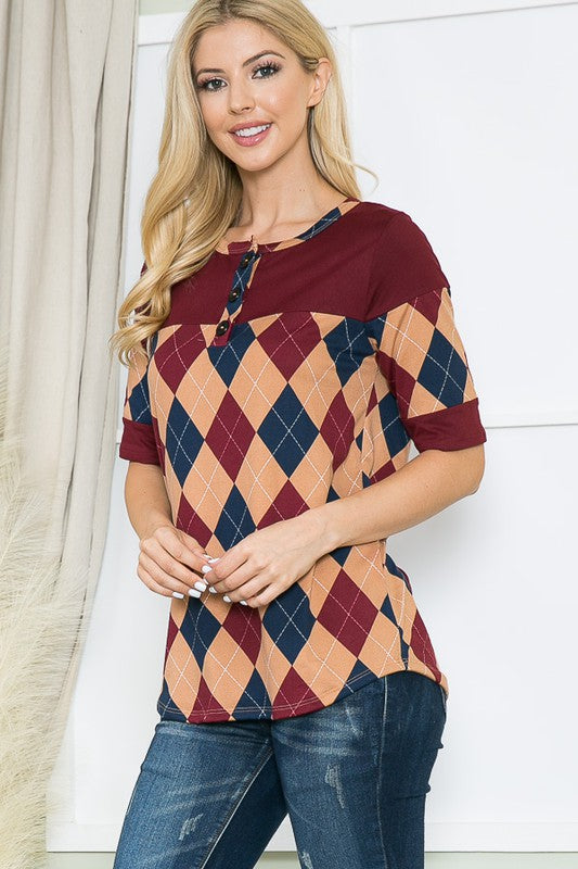 Argyle Print Button Down Jersey Top