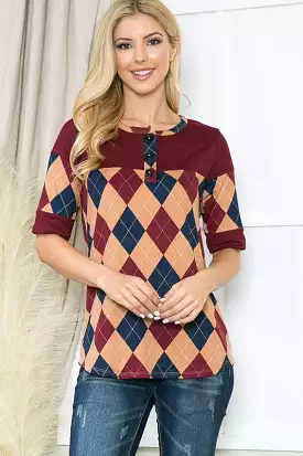 Argyle Print Button Down Jersey Top