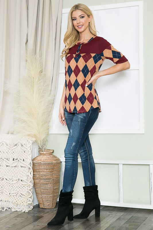 Argyle Print Button Down Jersey Top