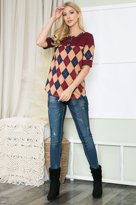 Argyle Print Button Down Jersey Top