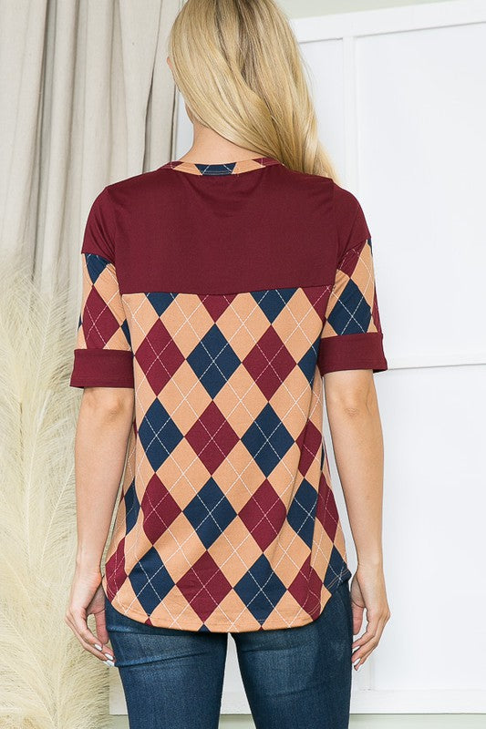 Argyle Print Button Down Jersey Top