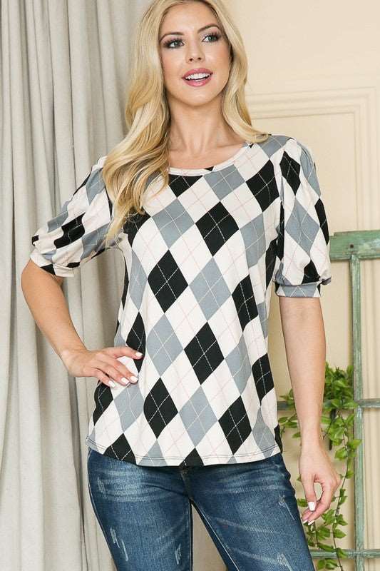 Argyle print top with puff sleeves in knit jersey.