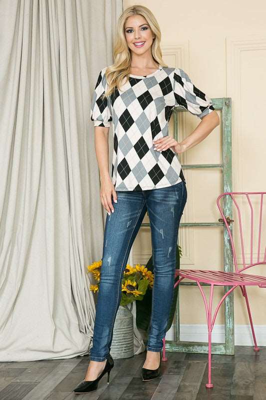 Argyle print top with puff sleeves in knit jersey.