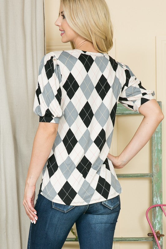 Argyle print top with puff sleeves in knit jersey.