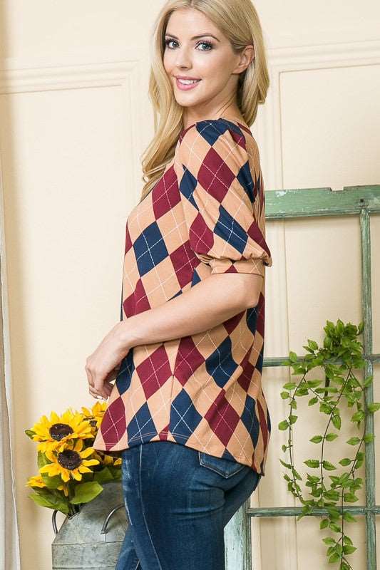 Argyle print top with puff sleeves in knit jersey.