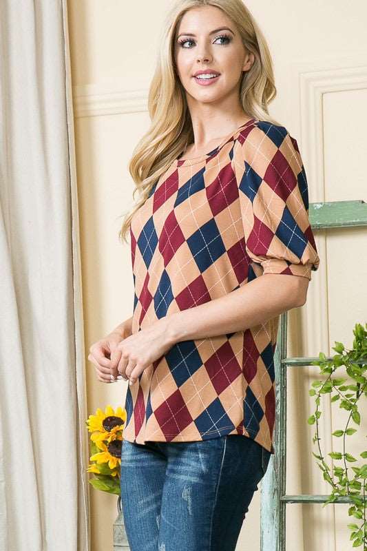 Argyle print top with puff sleeves in knit jersey.