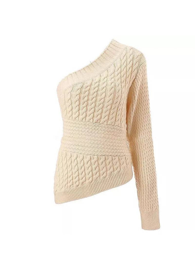 Beige Cable Knit Sweater, One Shoulder