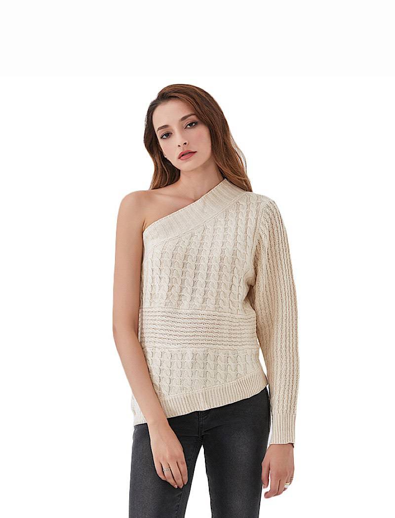 Beige Cable Knit Sweater, One Shoulder