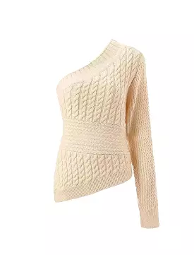 Beige Cable Knit Sweater, One Shoulder