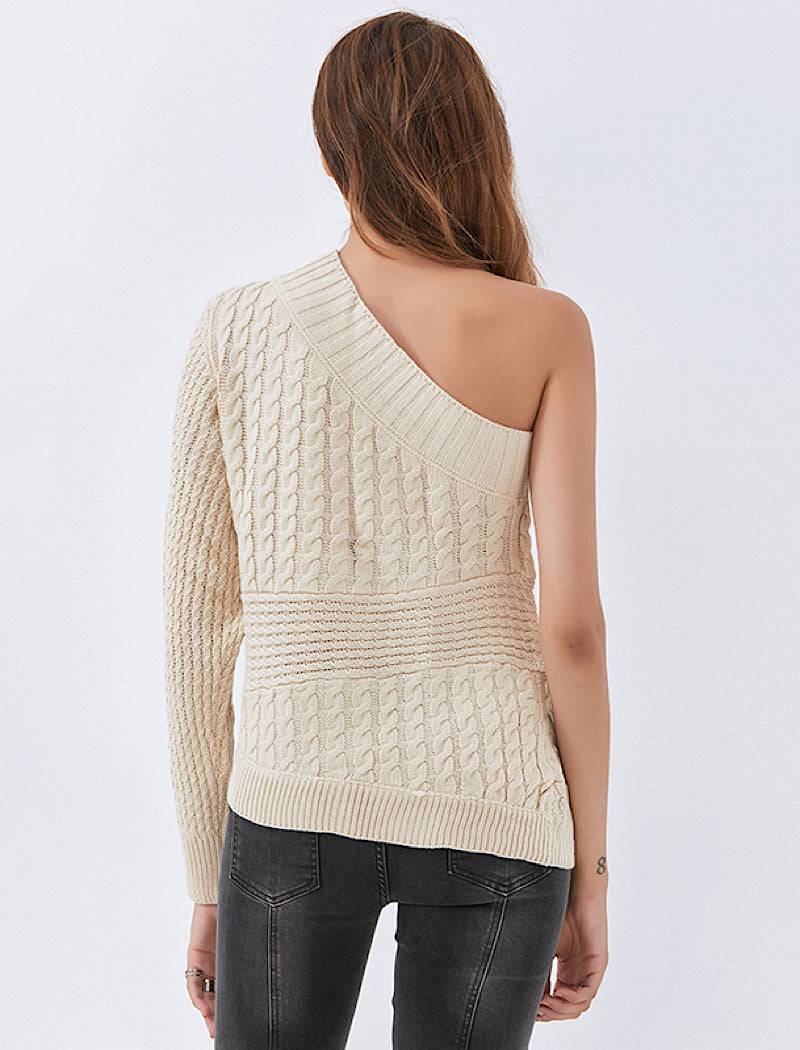 Beige Cable Knit Sweater, One Shoulder