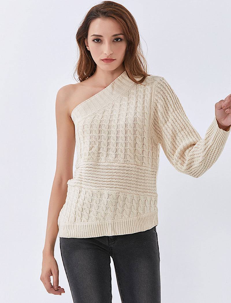 Beige Cable Knit Sweater, One Shoulder