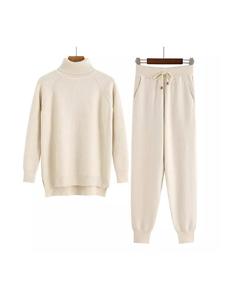 Beige Ribbed Turtleneck Long Sleeve Top and Jogging Pant Set