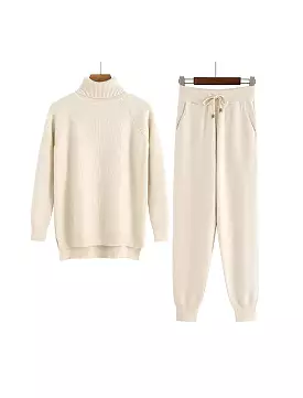 Beige Ribbed Turtleneck Long Sleeve Top and Jogging Pant Set