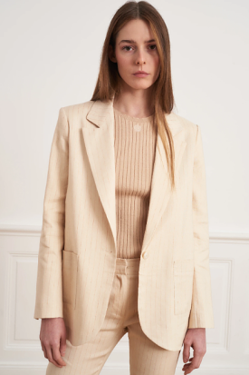 Beige striped blazer with a borsalino hat design.