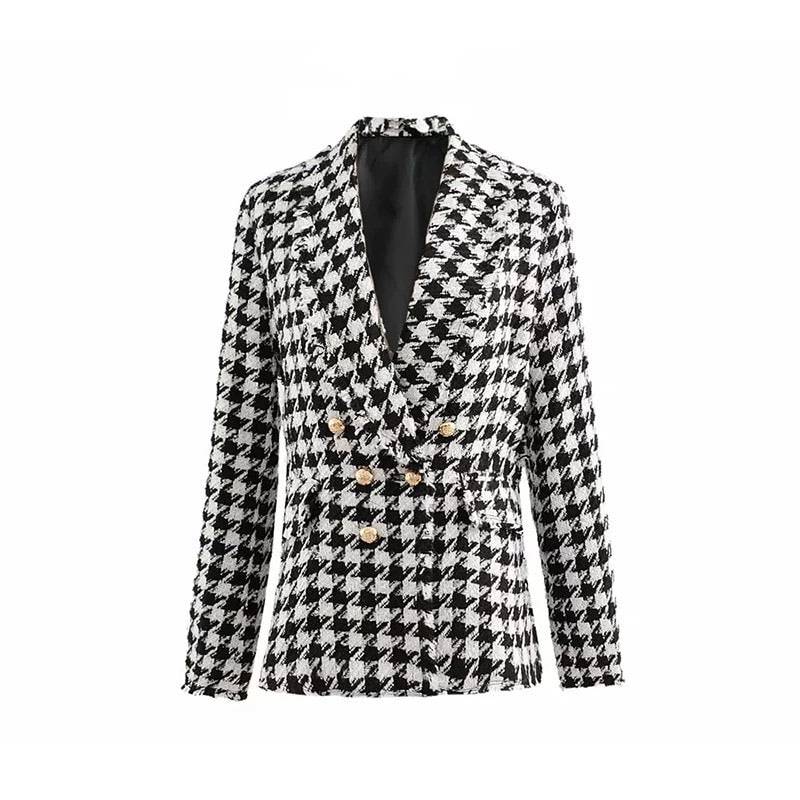 Black and white houndstooth blazer coat, gold buttons.