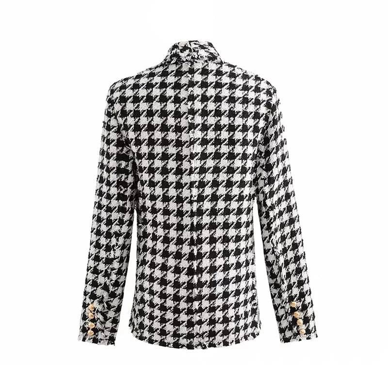 Black and white houndstooth blazer coat, gold buttons.