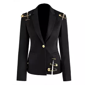 Black blazer with gold safety pin embellishments.