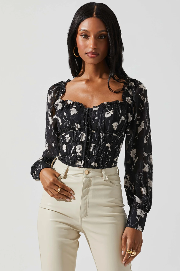 Black Floral Cream Top with Amber Accents