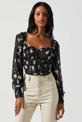 Black Floral Cream Top with Amber Accents