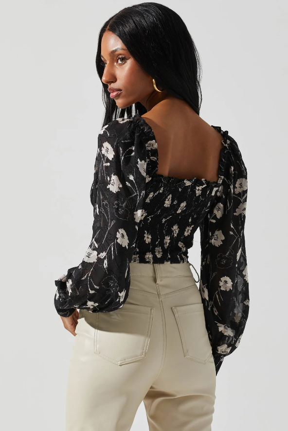 Black Floral Cream Top with Amber Accents