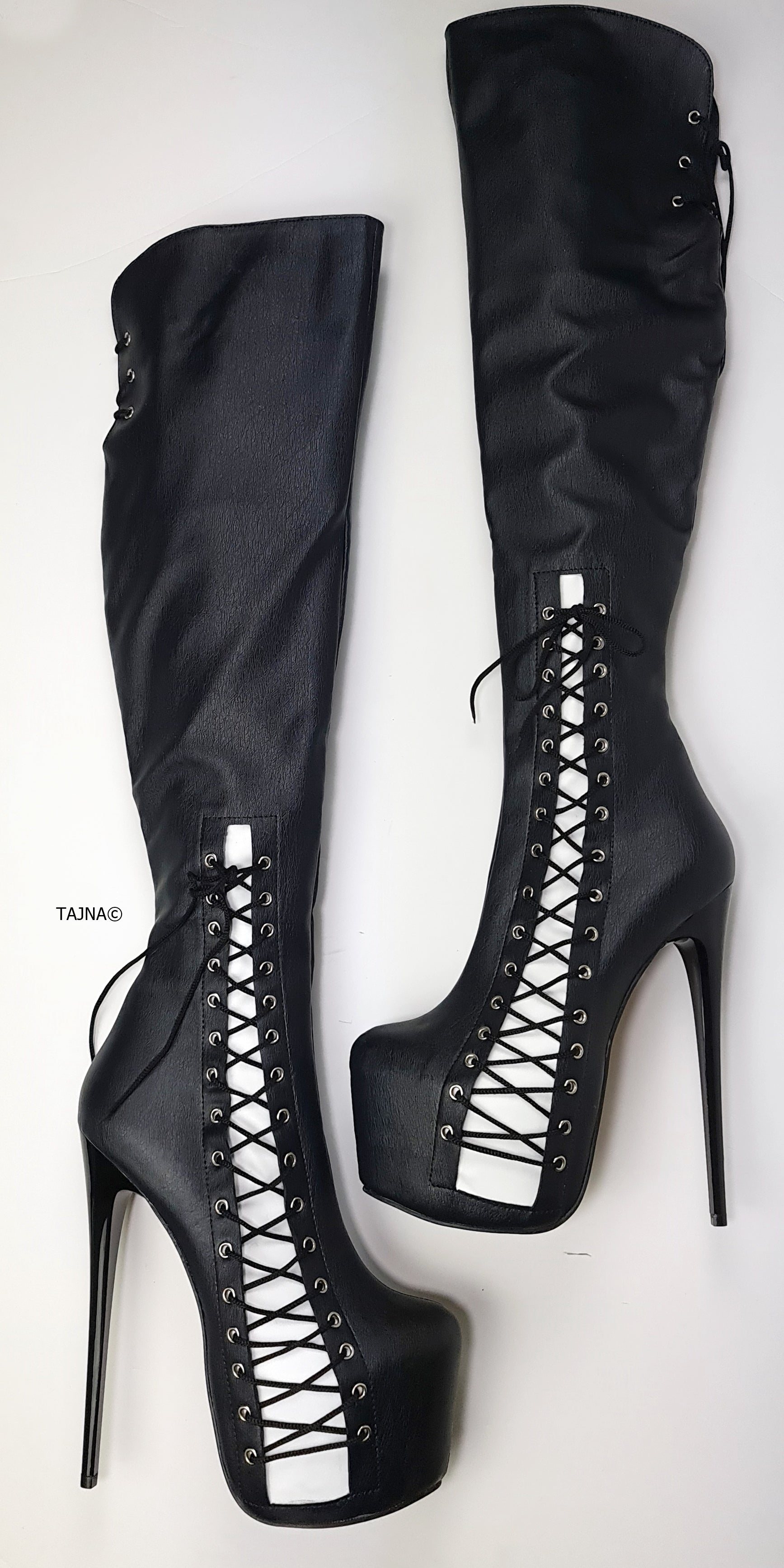 Black over knee boots with corset detail and matte finish