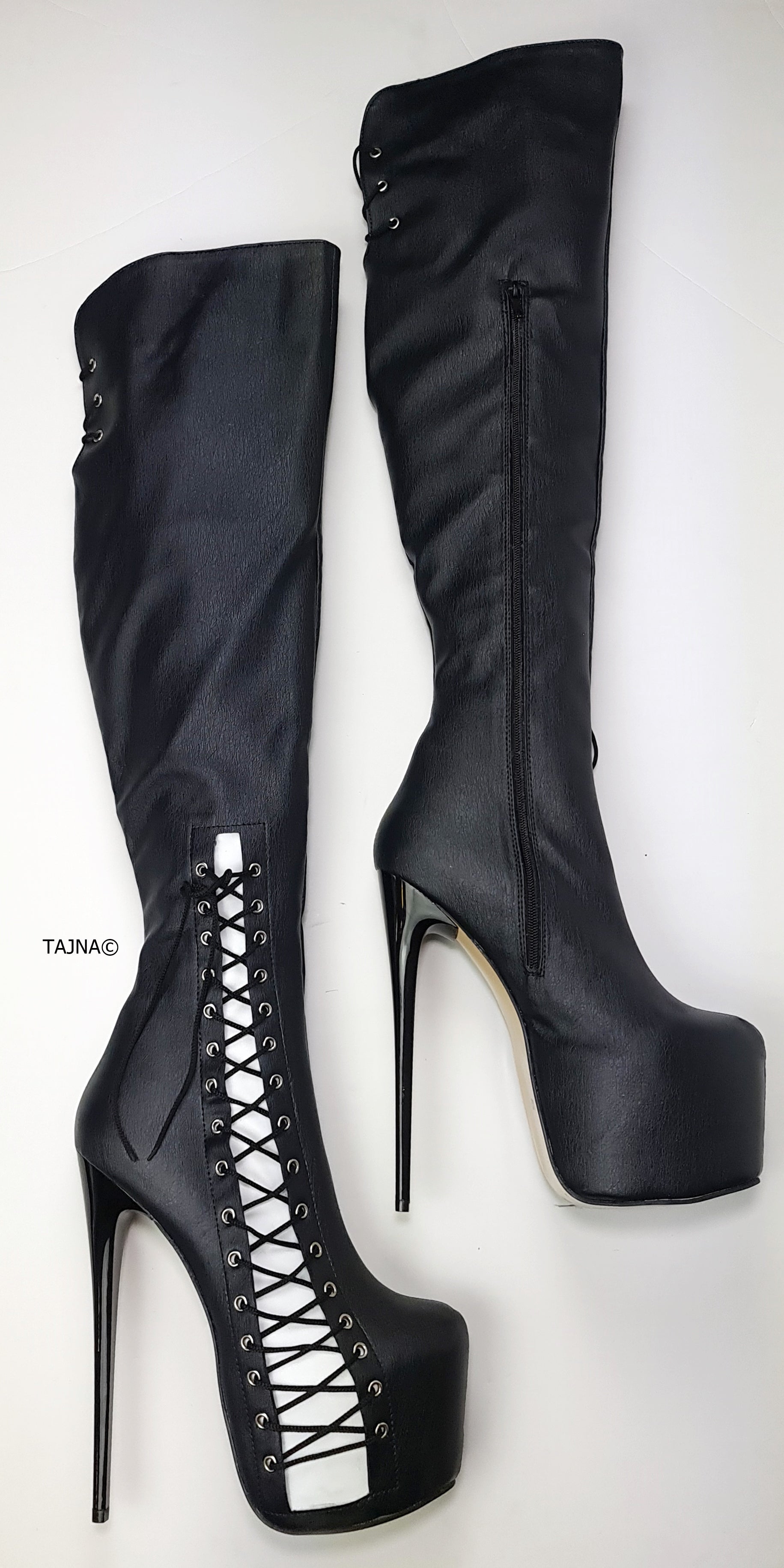 Black over knee boots with corset detail and matte finish