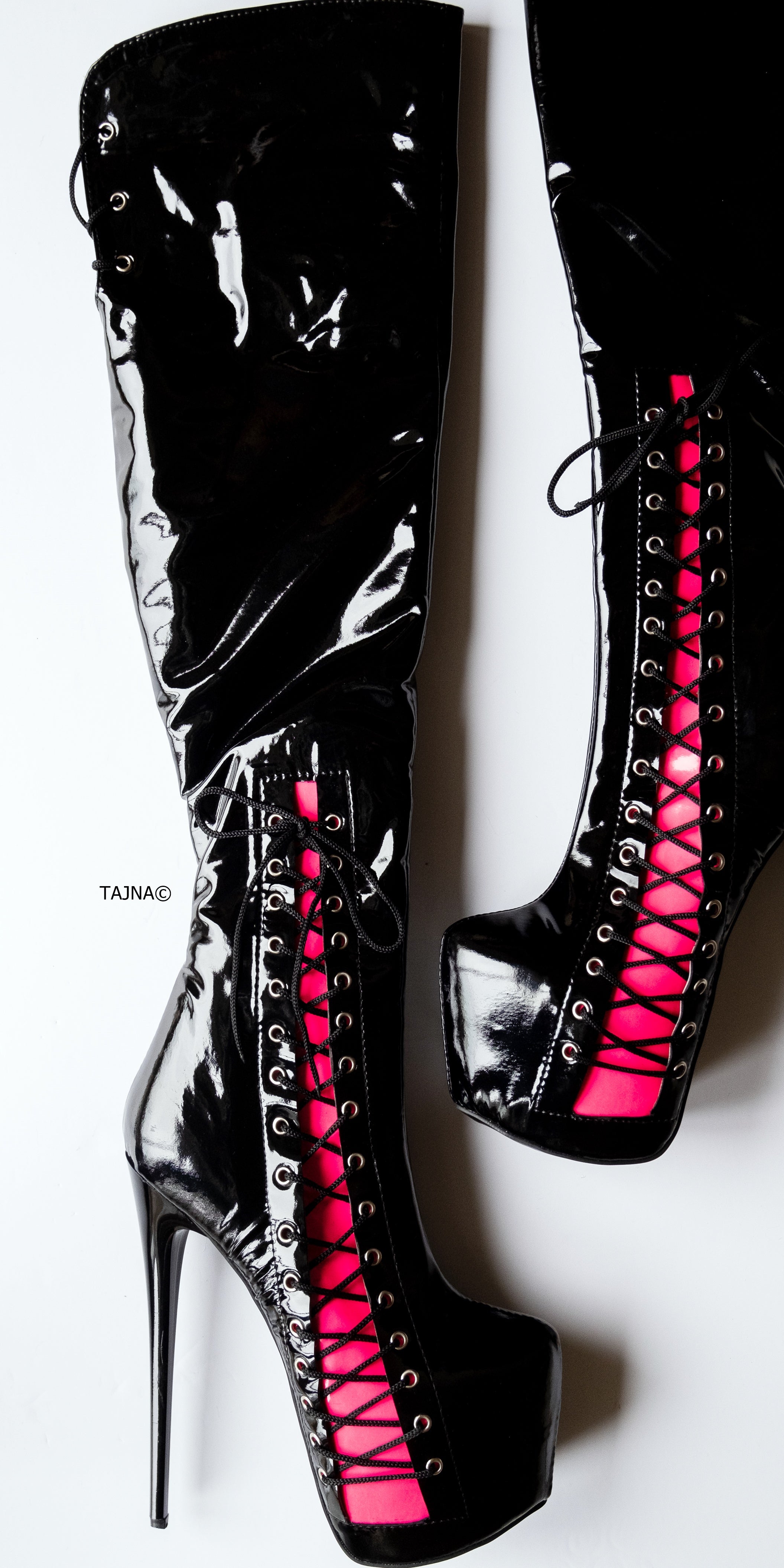 Black Pink Over Knee Boots with Corset Detail