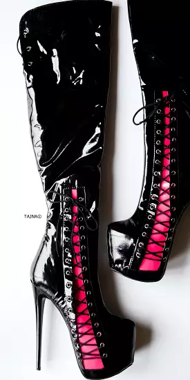 Black Pink Over Knee Boots with Corset Detail