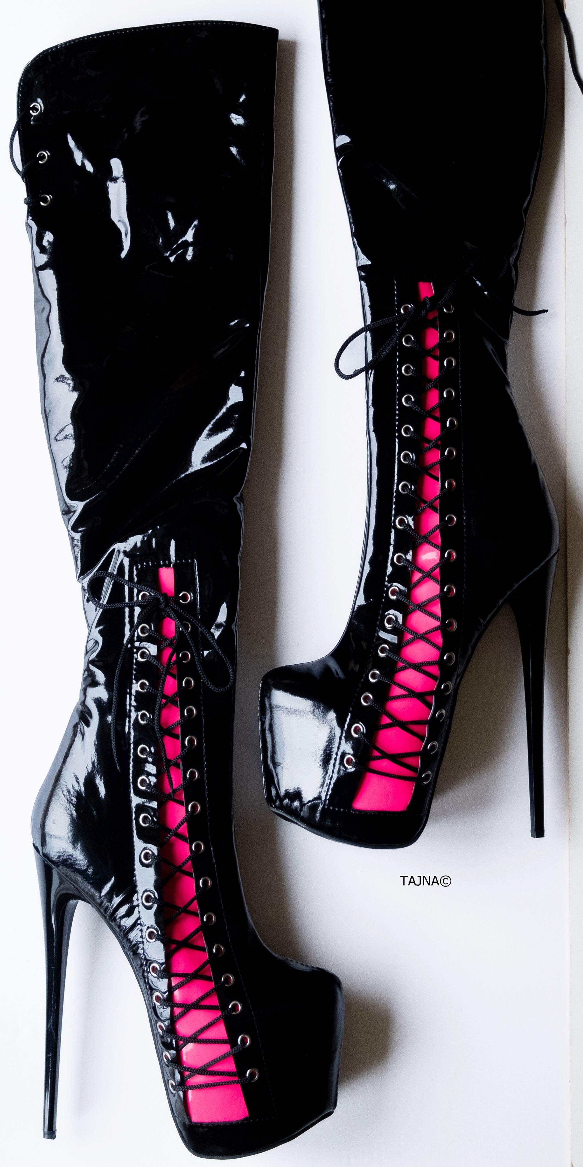 Black Pink Over Knee Boots with Corset Detail