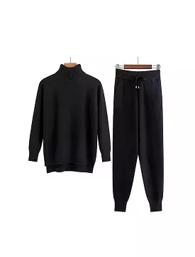 Black Ribbed Turtleneck Long Sleeve Top and Jogging Pant Set