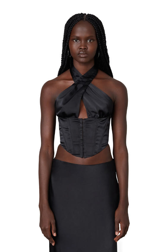 Black Satin Corset Halter Top Featured in Ren Collection.