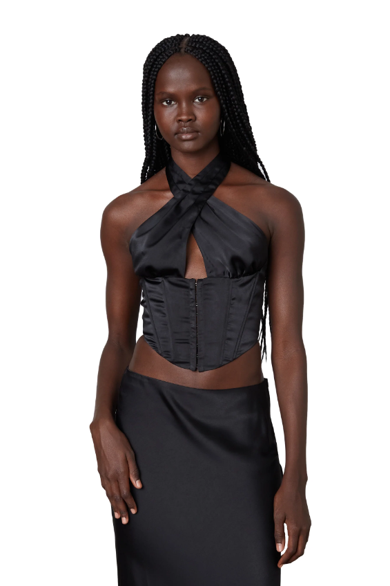 Black Satin Corset Halter Top Featured in Ren Collection.