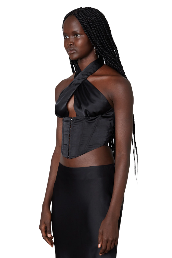 Black Satin Corset Halter Top Featured in Ren Collection.