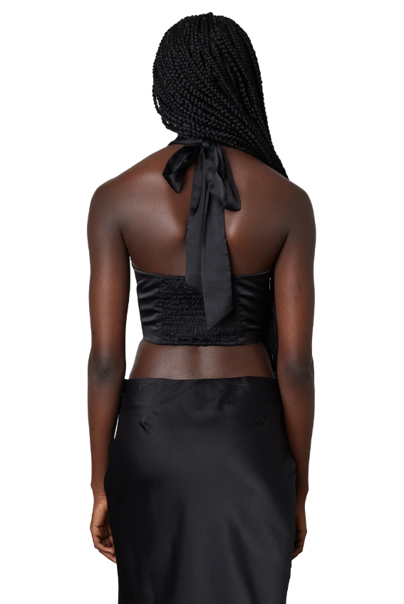 Black Satin Corset Halter Top Featured in Ren Collection.