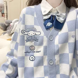 Blue and white chessboard sweater cardigan