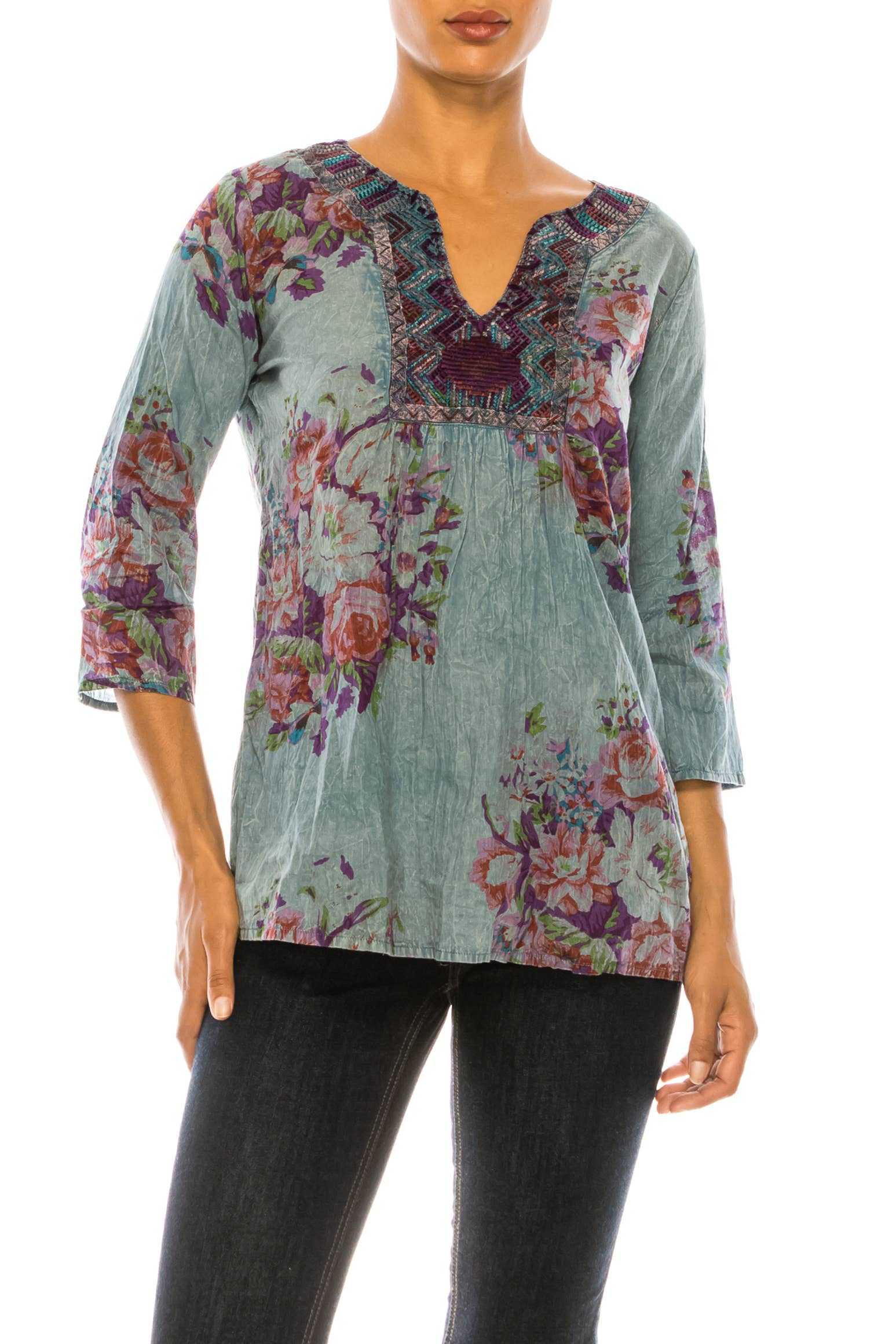 Blue Floral Tunic with Embroidery