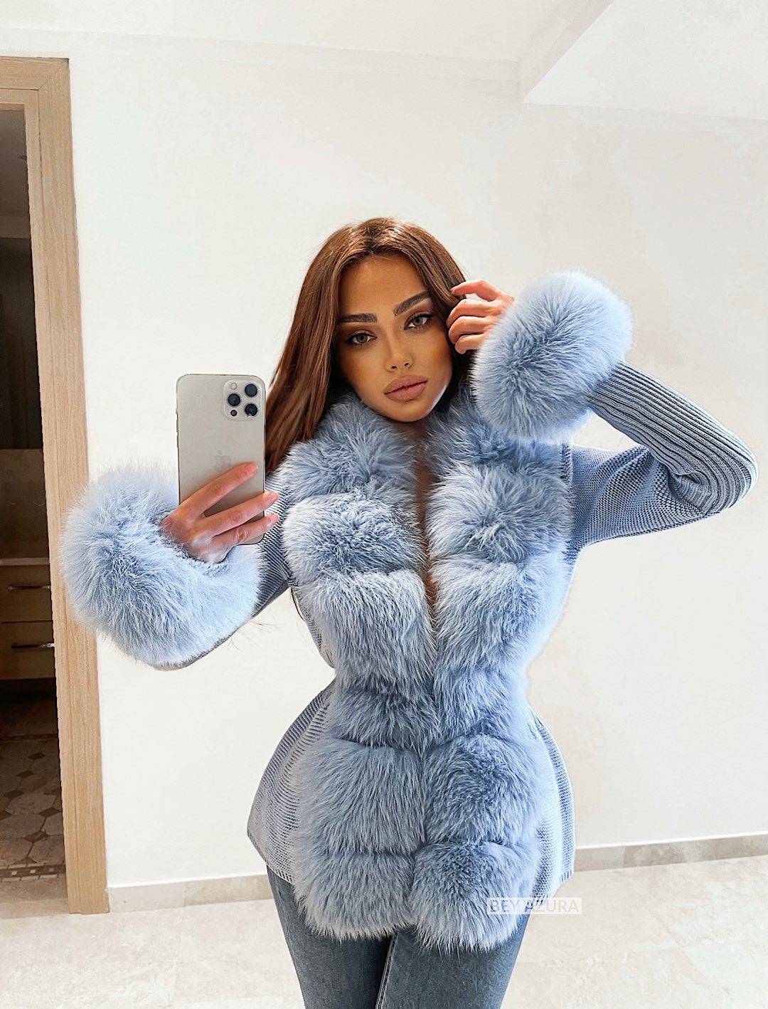 Blue Fox Fur Trimmed Ribbed Knit Sweater