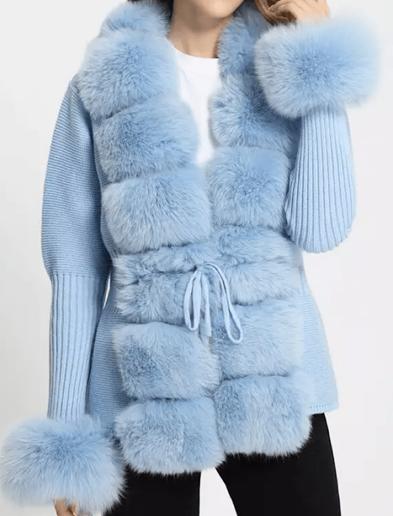 Blue Fox Fur Trimmed Ribbed Knit Sweater