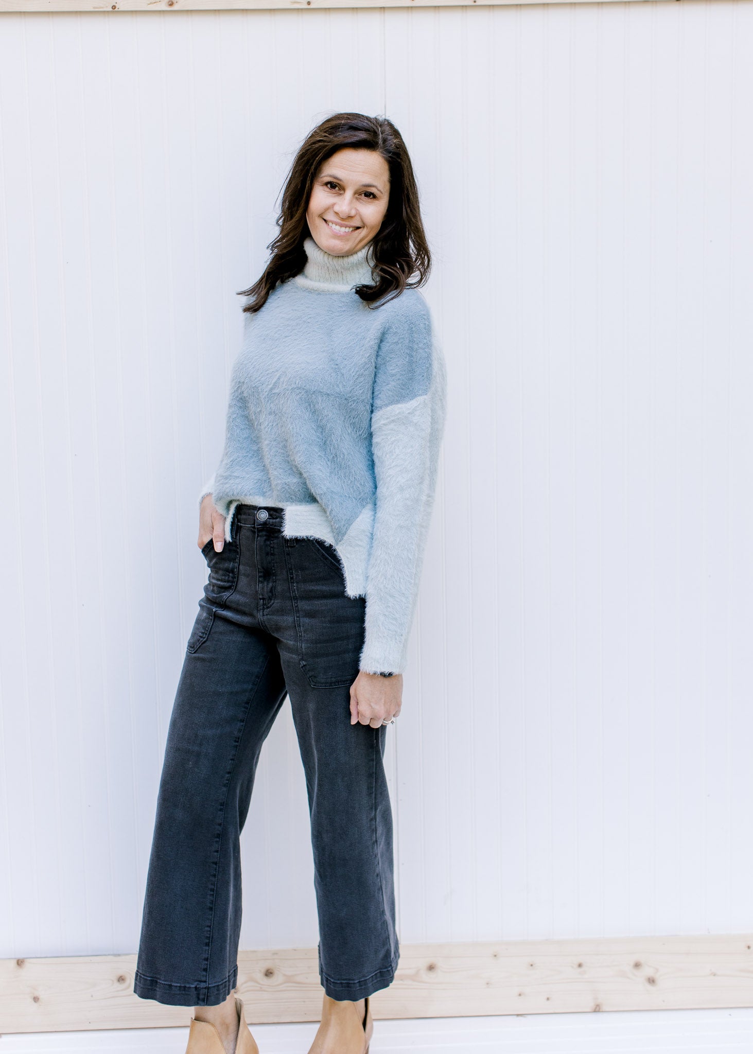 Blue Gray Sweater with Contrast Details.