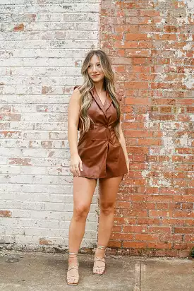 Brown Leather Sleeveless Blazer Romper - Google SEO friendly result: Brown Leather Sleeveless Romper with Blazer Design