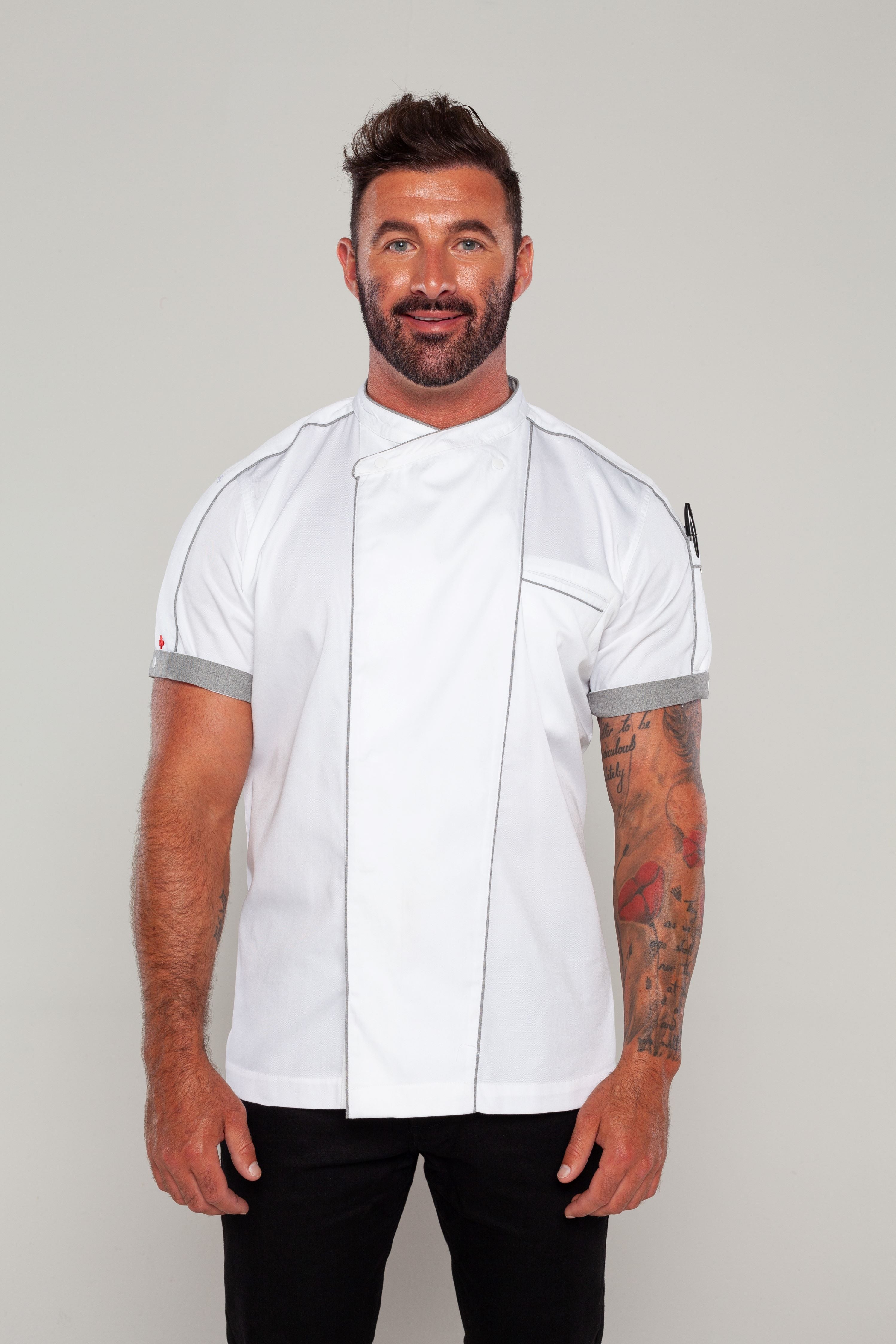 Bryan chef jacket, white with grey trim and CoolVent-feature.