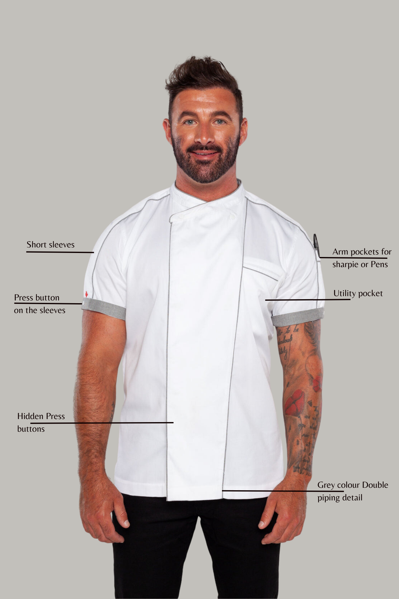 Bryan chef jacket, white with grey trim and CoolVent-feature.